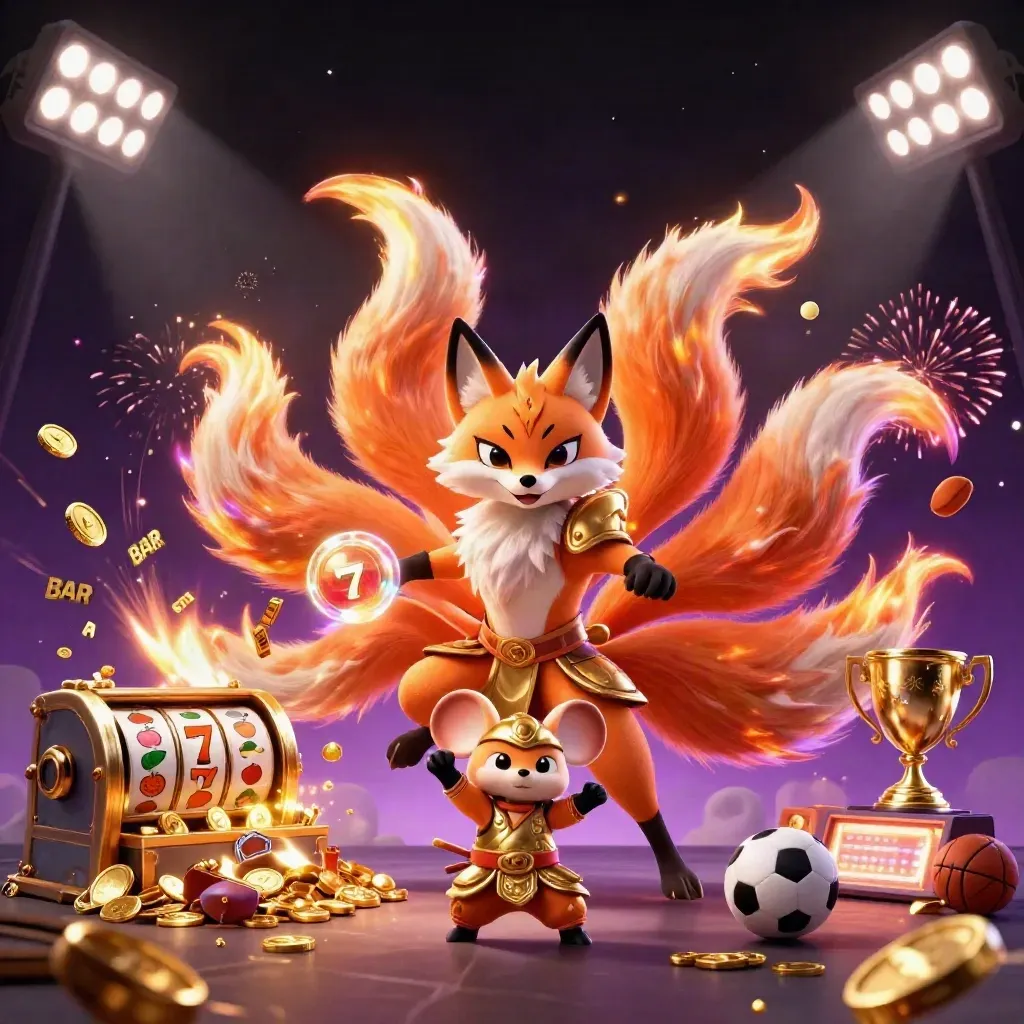 Neon fox spirit and armored mouse burst through coins, reels, sports gear, and magic in a dark casino scene.