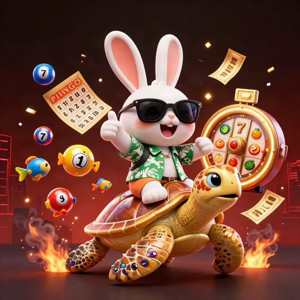 Lucky rabbit rides a golden turtle amid casino symbols and neon lights.