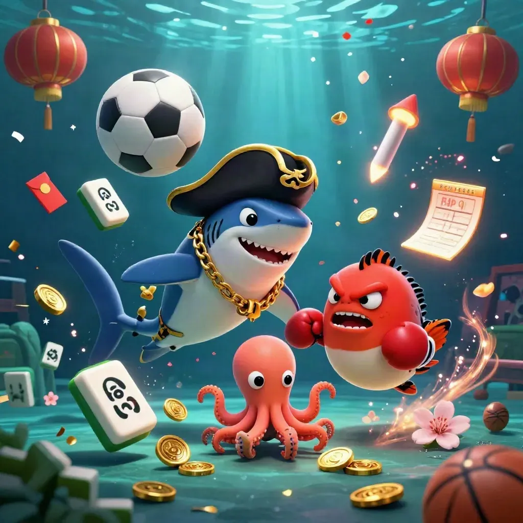Pirate shark, pufferfish, and baby octopus amid soccer and casino effects underwater.