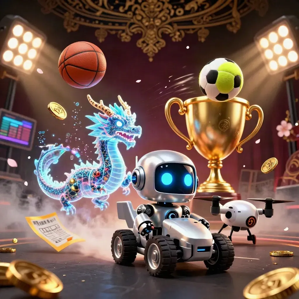Chrome robot, holographic dragon and balls exploding in a gold-lit arena