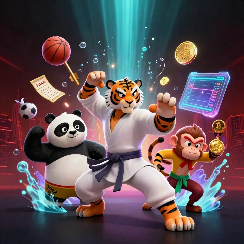 Tiger, panda, and monkey amid flying crypto coins, balls, and neon casino energy.