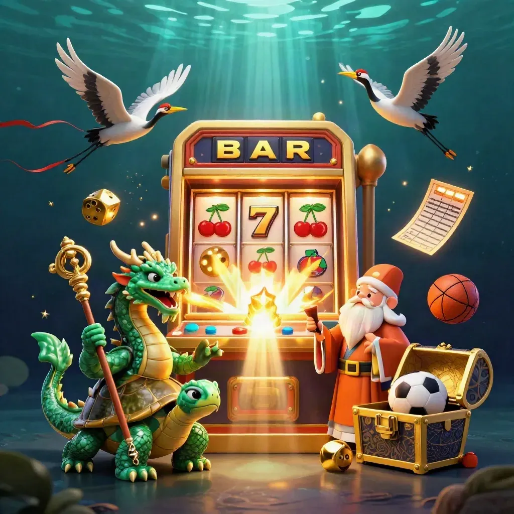 Emerald dragon, turtle sage, and cranes erupt with slot icons, gold, and casino light over a dark aqua glow.