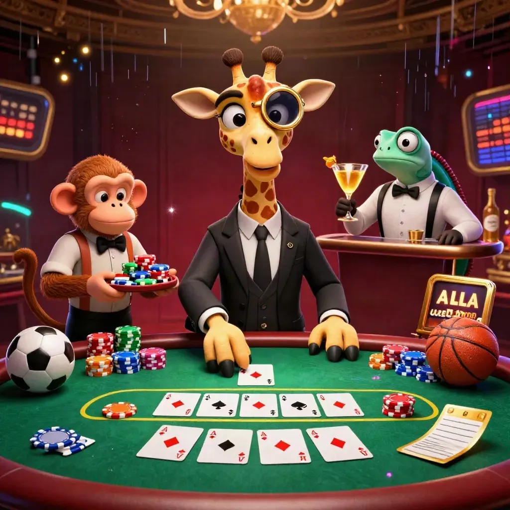 Giraffe, monkey and chameleon at a VIP poker table with chips, cards and glowing casino lights
