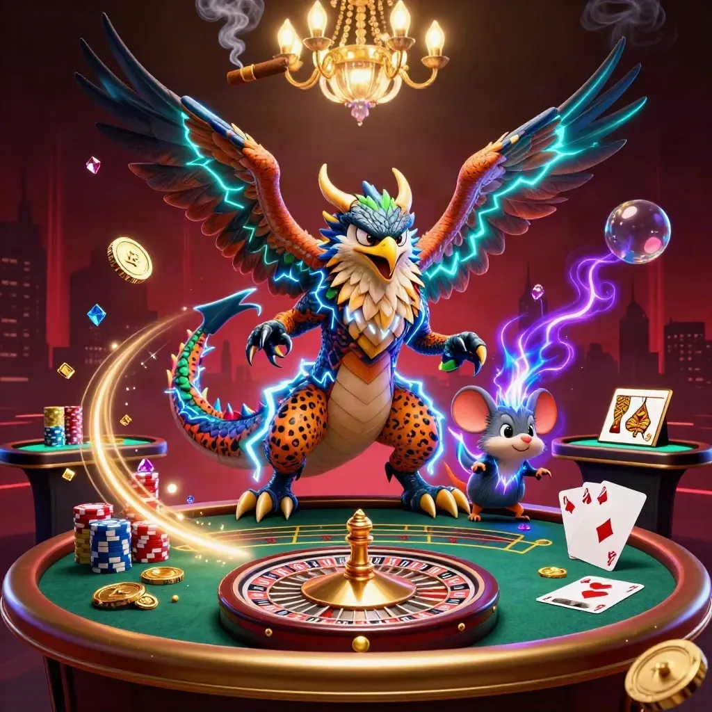 Thunder dragon, hawk, and mouse over a luxe casino table with coins, gems, wheel, and cards.