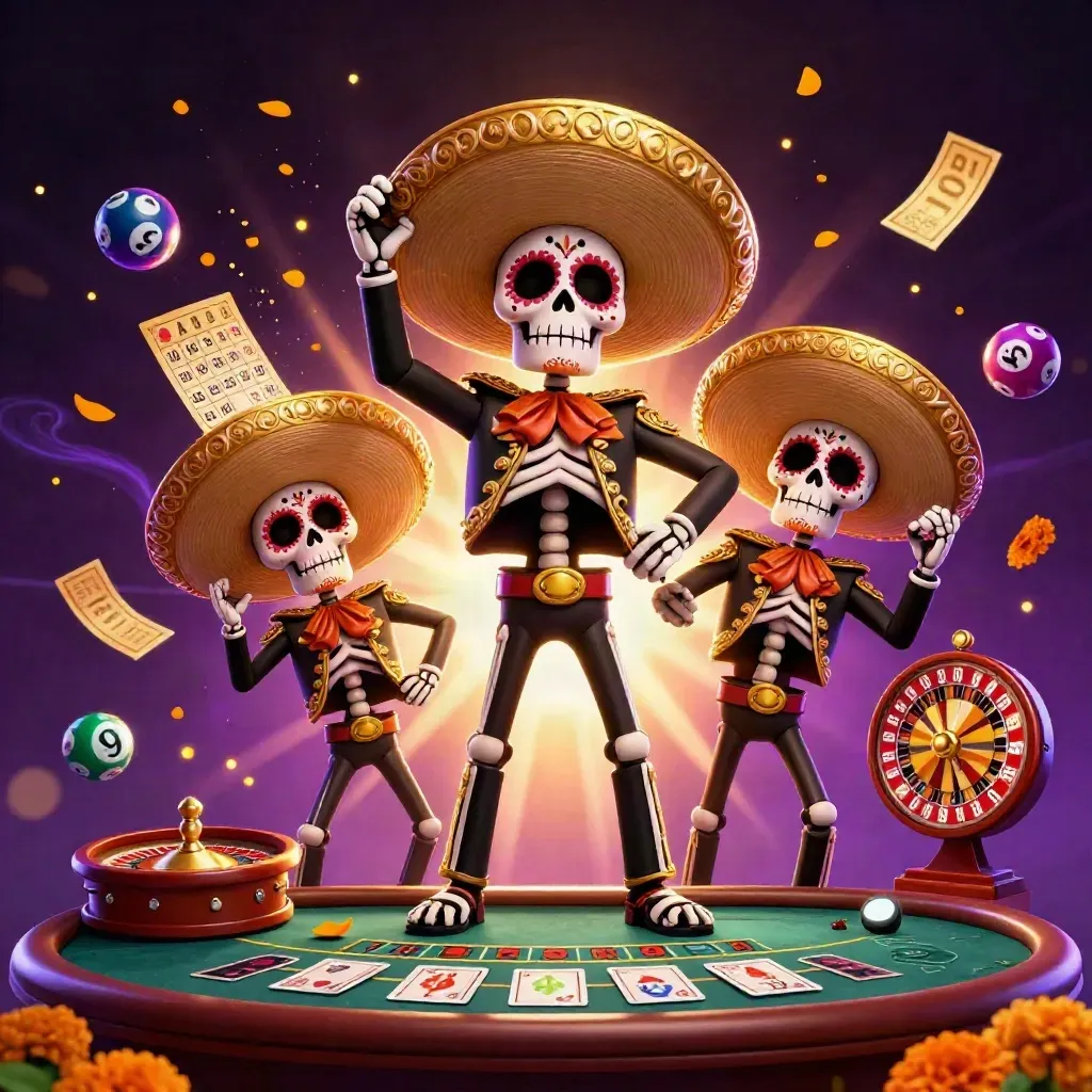 Skeleton mariachi trio in a jewel-toned casino scene with lottery balls, prize wheel, and purple cosmic glow