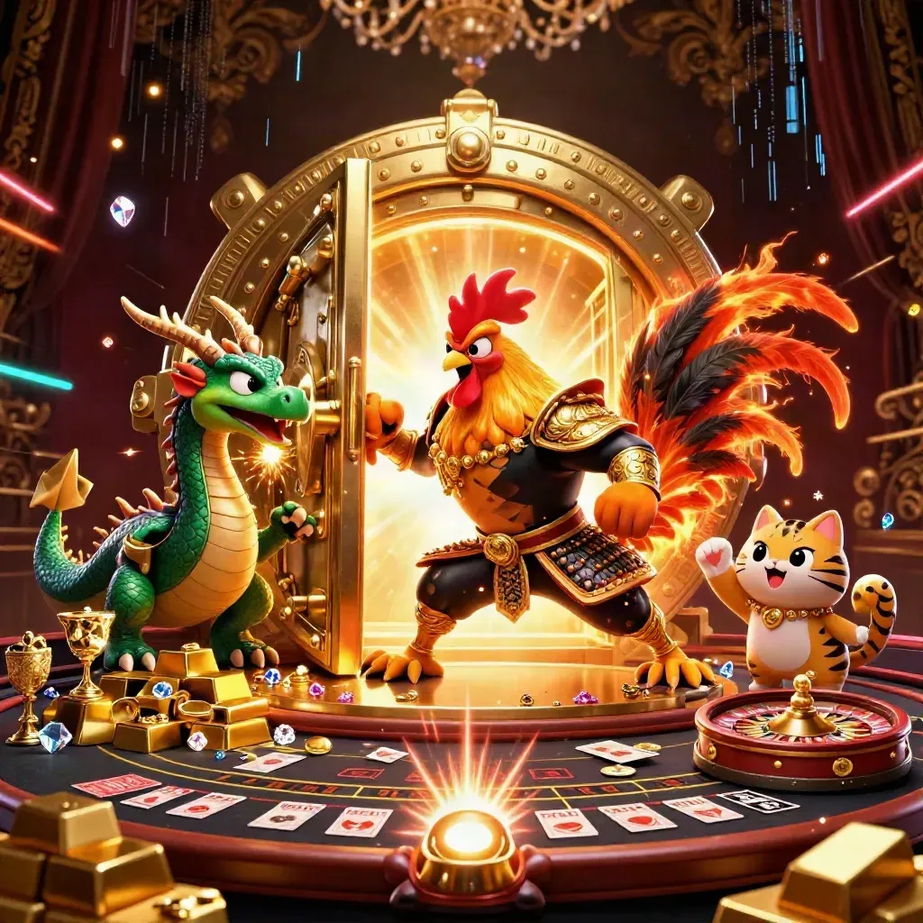 Rooster warrior, dragon hatchling, and fortune cat amid a glowing vault and casino luxury.