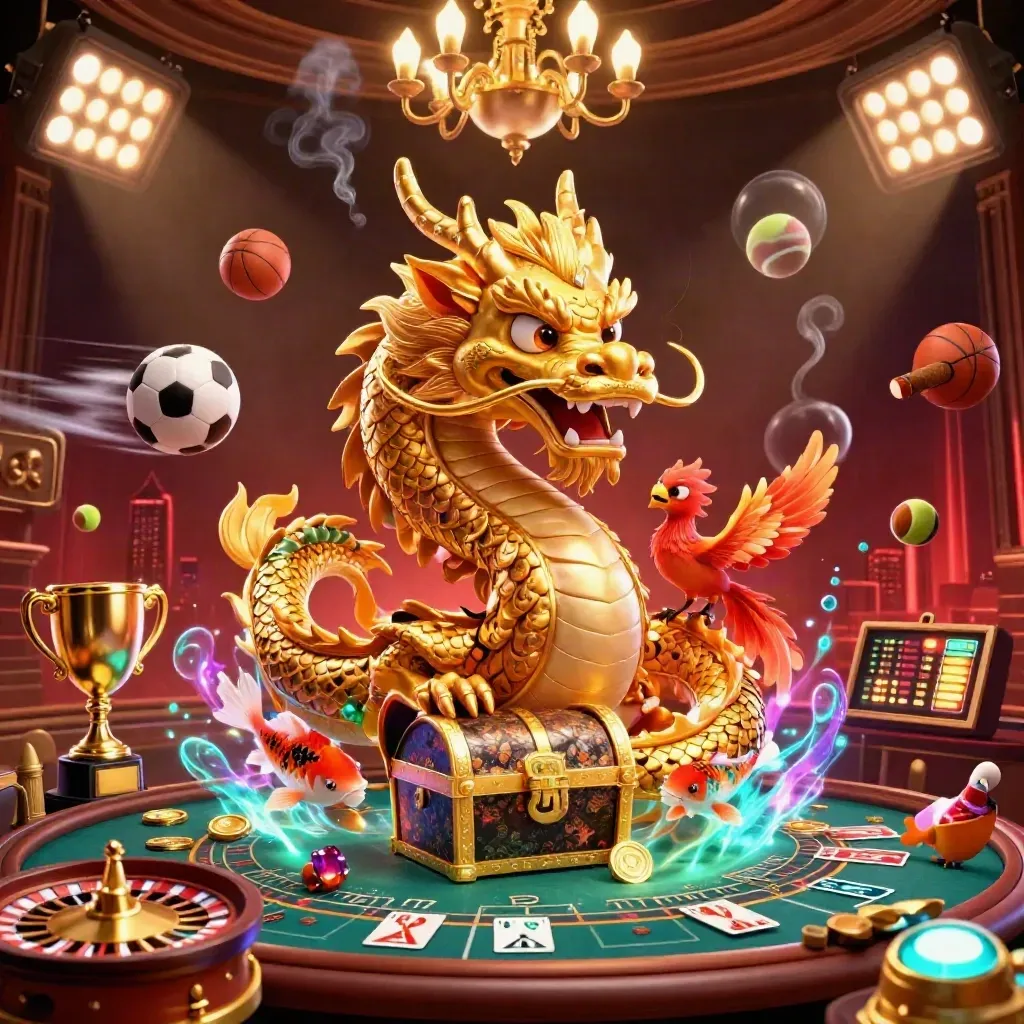 Golden dragon, phoenix, koi, casino props, balls, trophy, and lights in a luxe red-black key art scene.