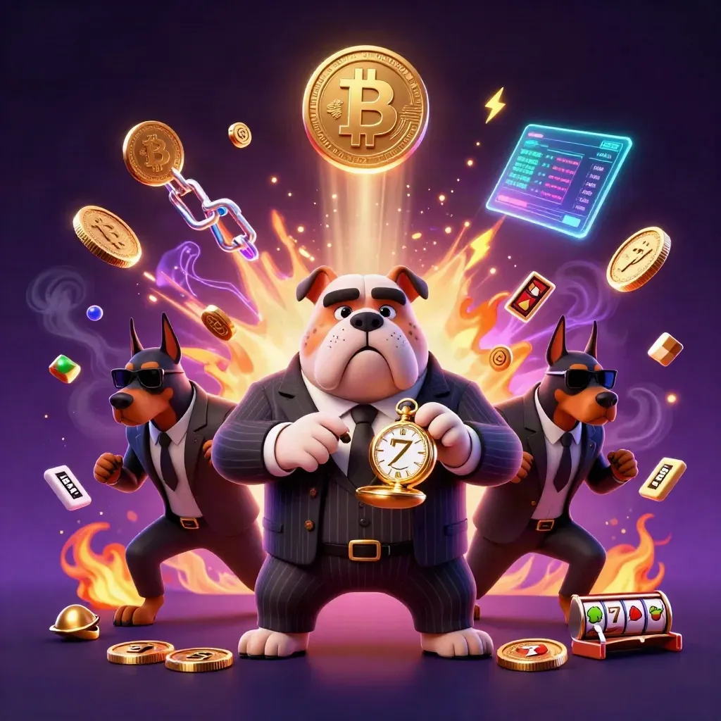 Bulldog boss and Doberman guards amid neon coins, reels, and explosive casino magic