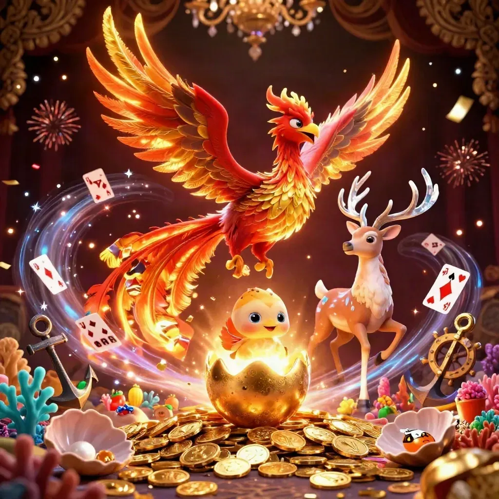 Phoenix trio in a gold treasure cove with coins, coral, cards, and casino sparks.