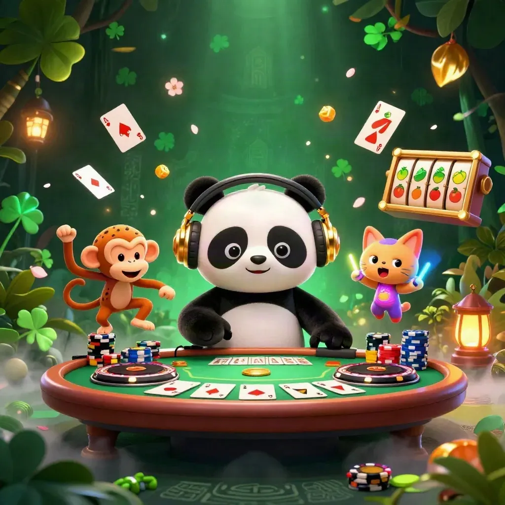 DJ panda, monkey, and glow-kitten explode casino energy amid chips, cards, and neon jungle effects.