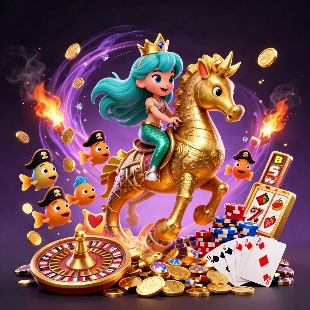Mermaid princess rides an armored seahorse amid gold coins, gems, chips, and casino sparks.
