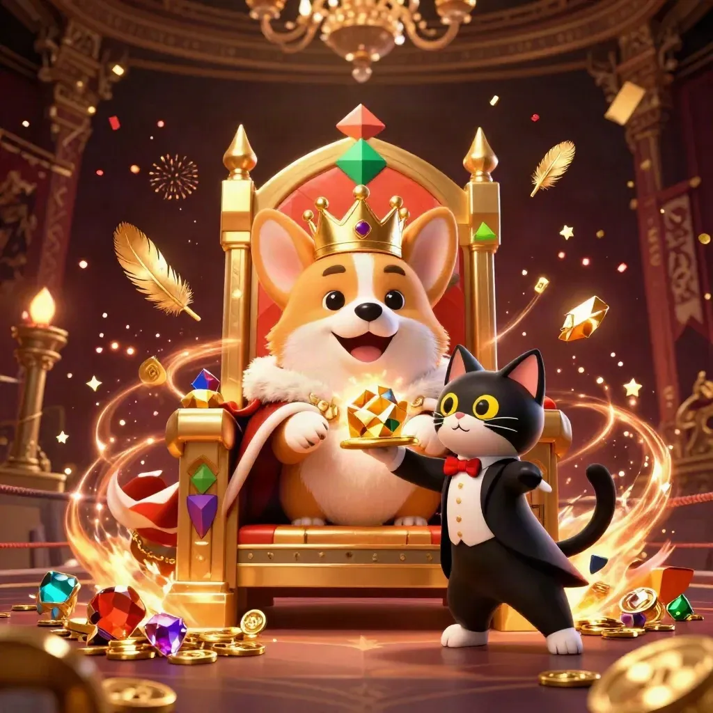 Royal corgi and cat butler amid gold bursts, temple gate, confetti, and casino glamour.
