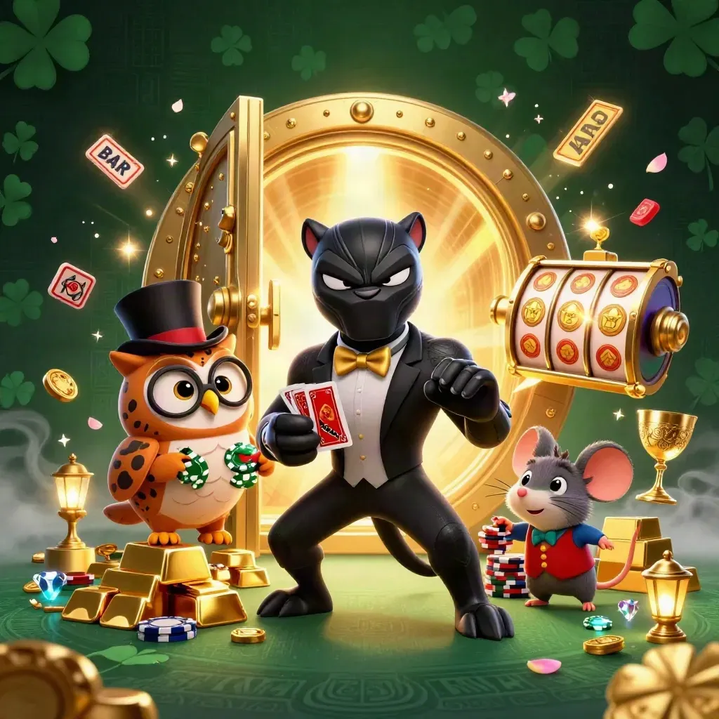 Panther, owl, and mouse with vault treasure bursting in a dark emerald casino scene
