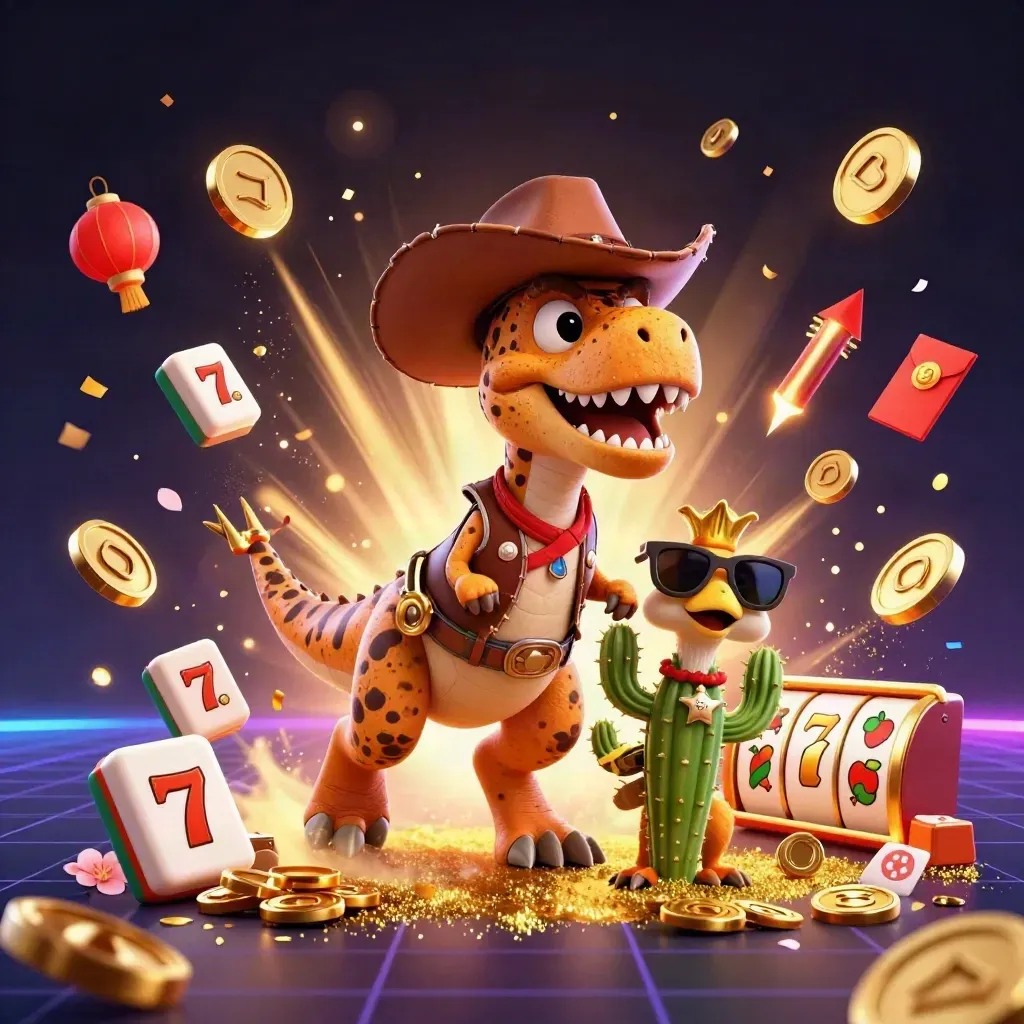 Cowboy T-Rex, cactus and roadrunner burst through coins, lanterns and fireworks in a casino splash scene