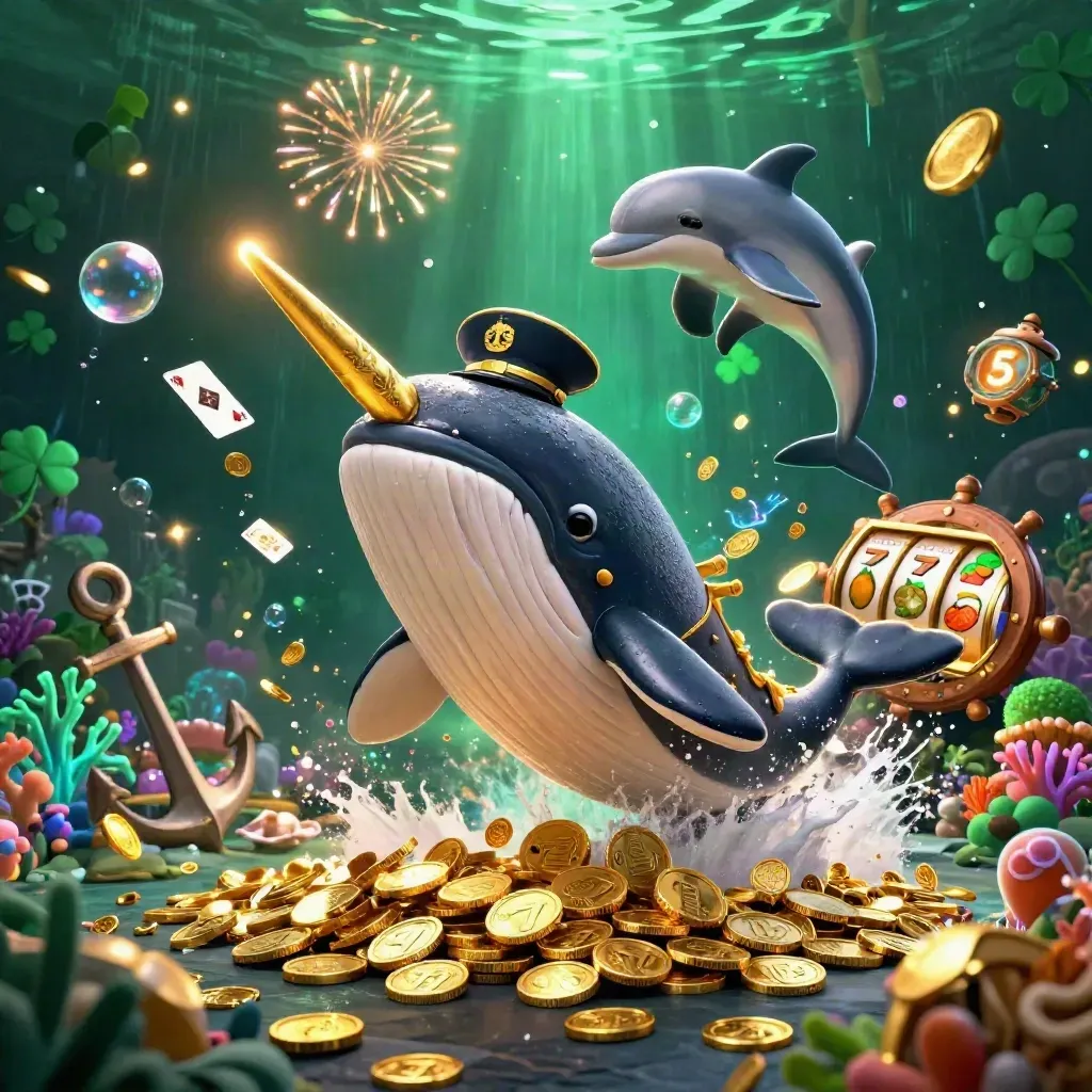 Whale captain, narwhal, and dolphins burst from coins in a luxury slot-casino splash scene.