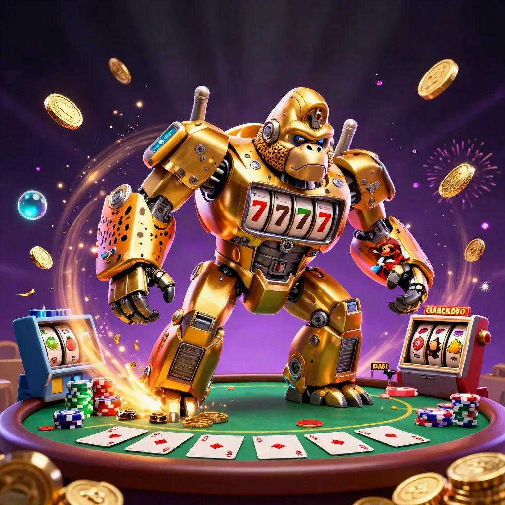 Golden gorilla slot-mech and monkey pilot amid coins, chips, cards, and neon casino glow.