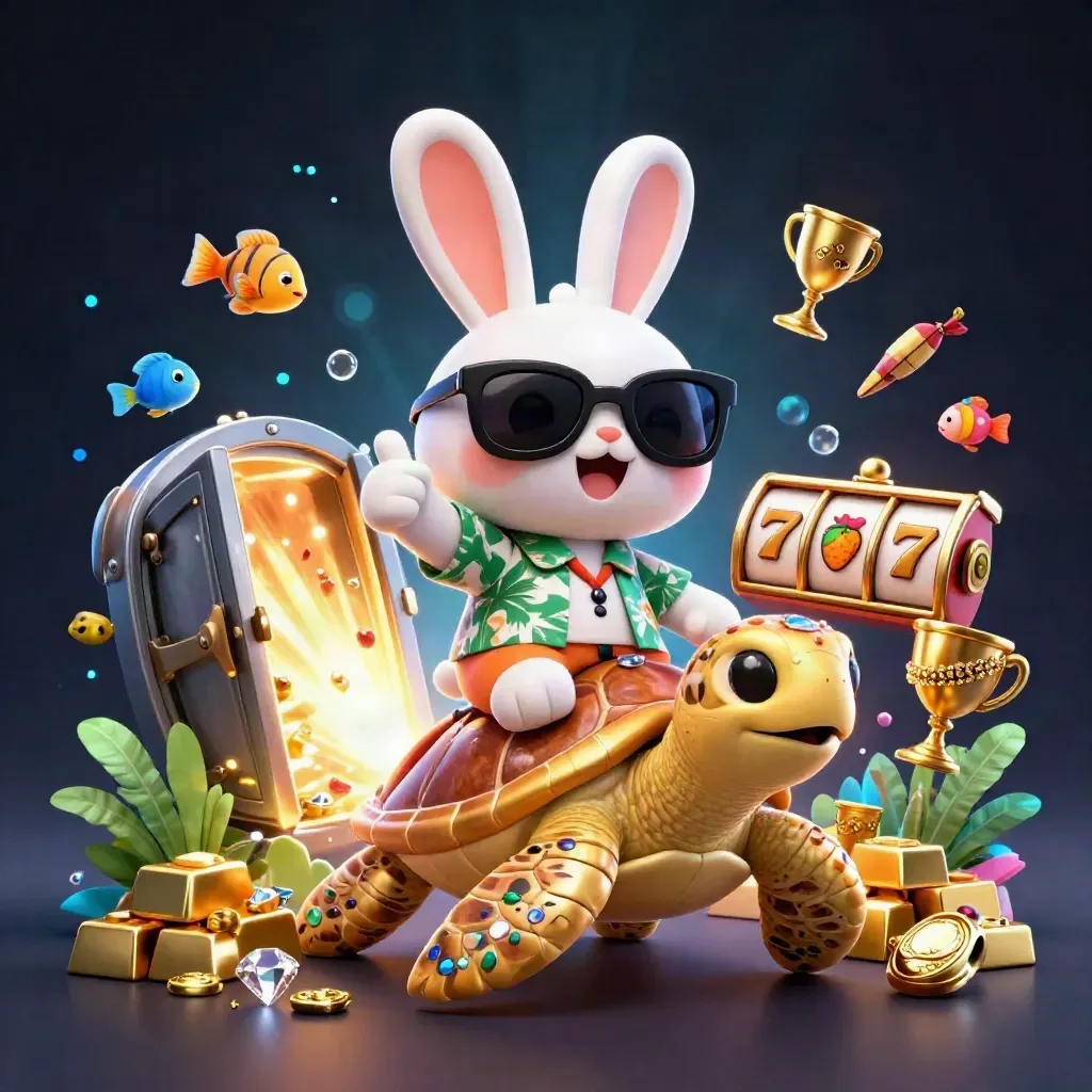 Lucky rabbit rides a jeweled sea turtle amid casino treasure, slots, and glowing underwater effects.