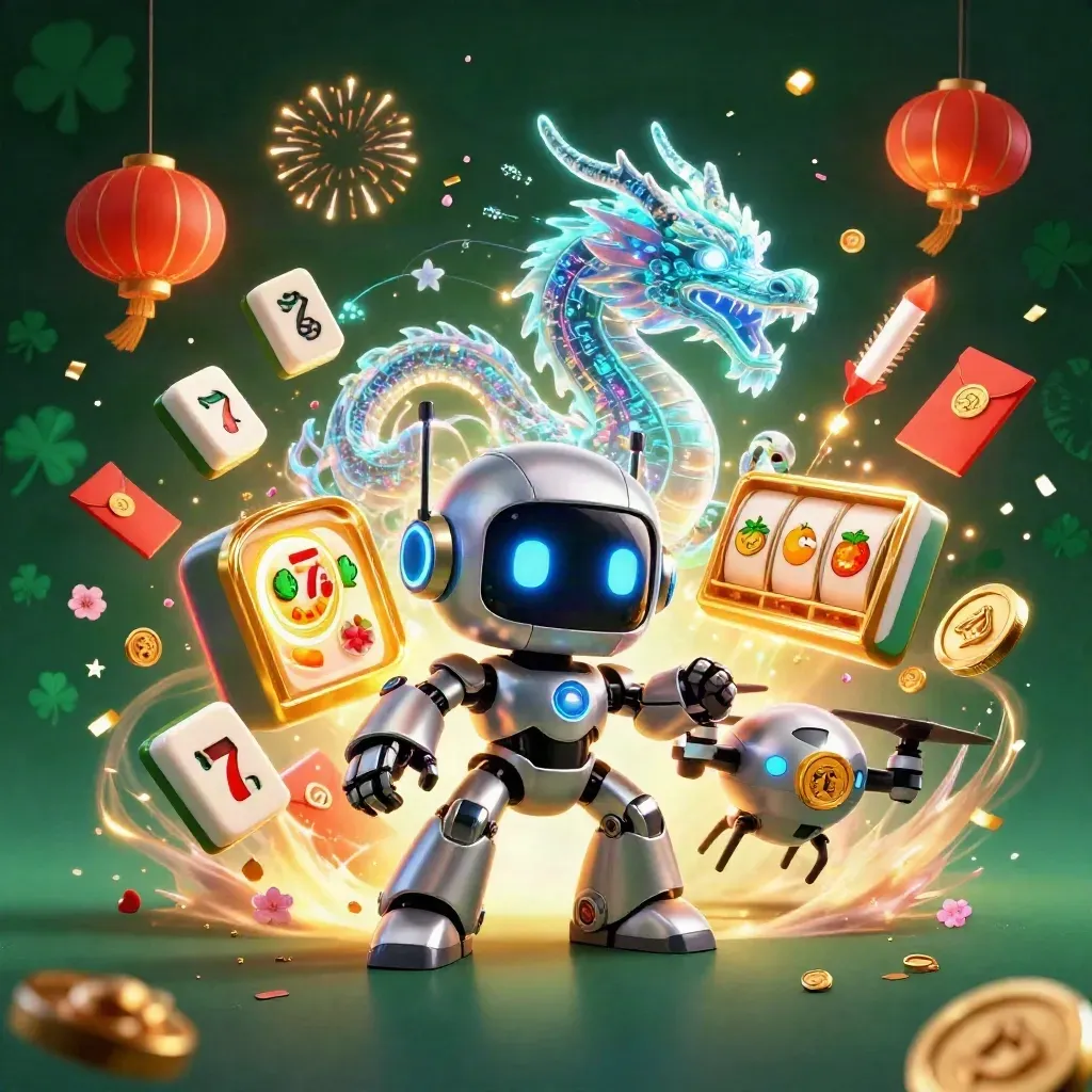 Cyberpunk robot, holographic dragon, and coin drone amid casino symbols in dark emerald light.