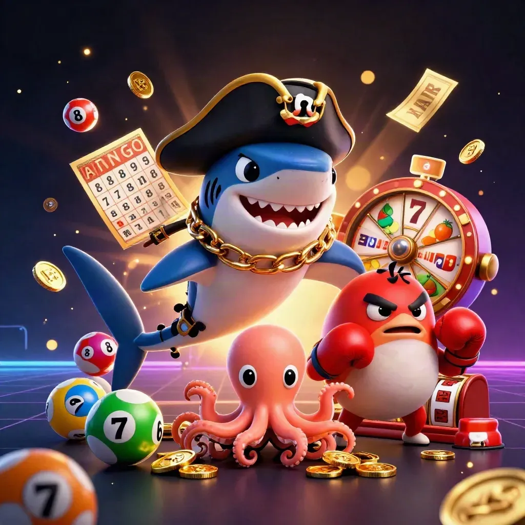 Pirate shark, boxing pufferfish, and coin-juggling octopus amid casino symbols on a dark neon backdrop.