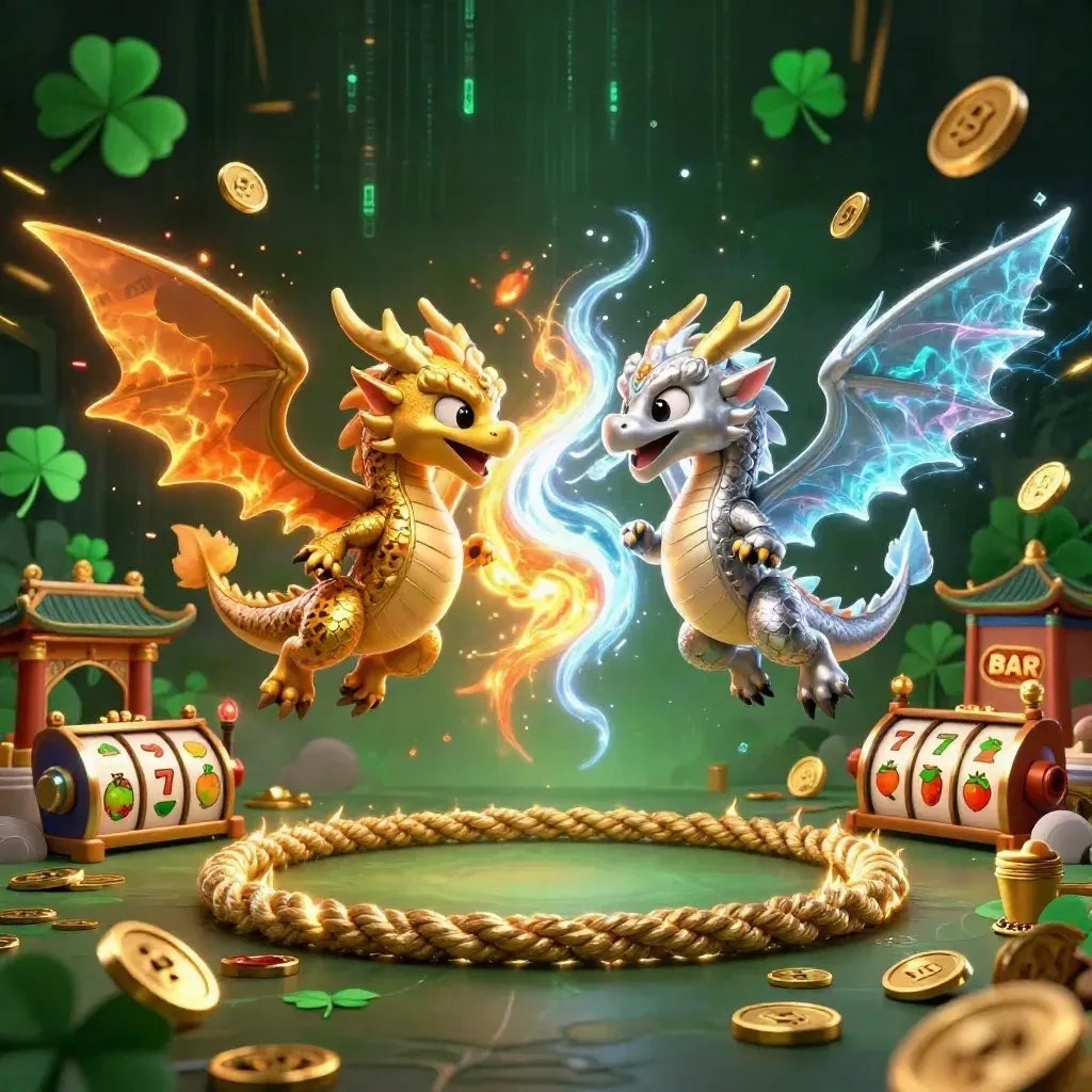 Gold and silver dragons spiral in fiery yin-yang amid casino symbols and temple lights.