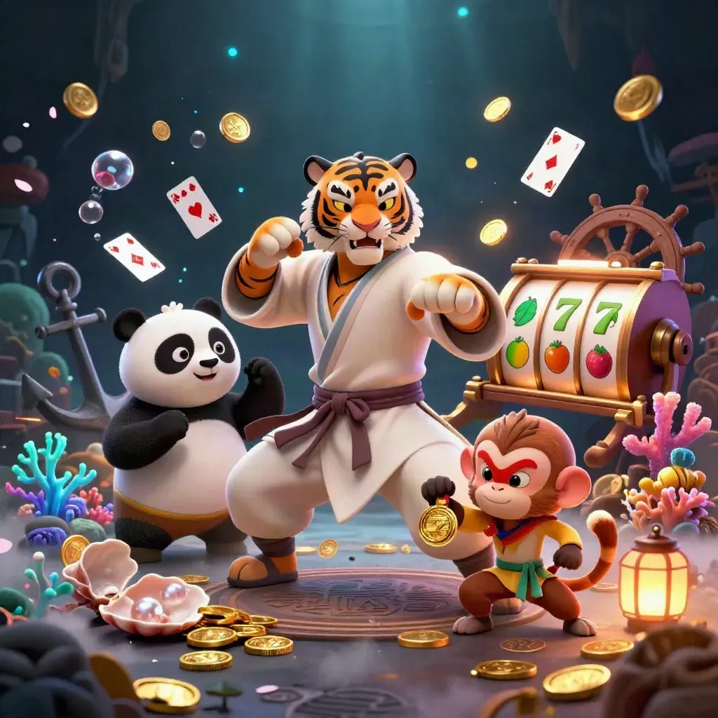 Kung-fu tiger, panda disciple, and monkey thief in a glowing treasure cove.