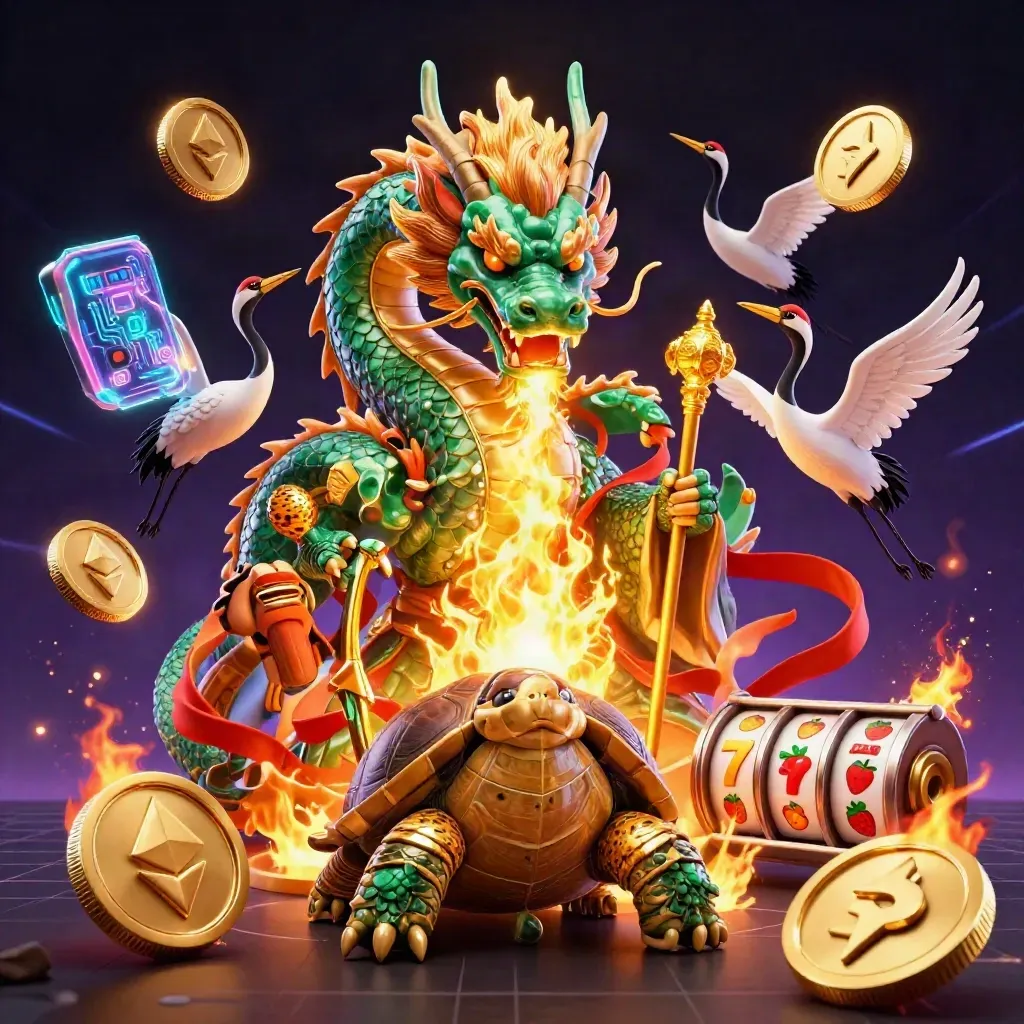 Jade dragon with turtle sage and cranes amid casino coins, reels, fire, and neon tech glow.