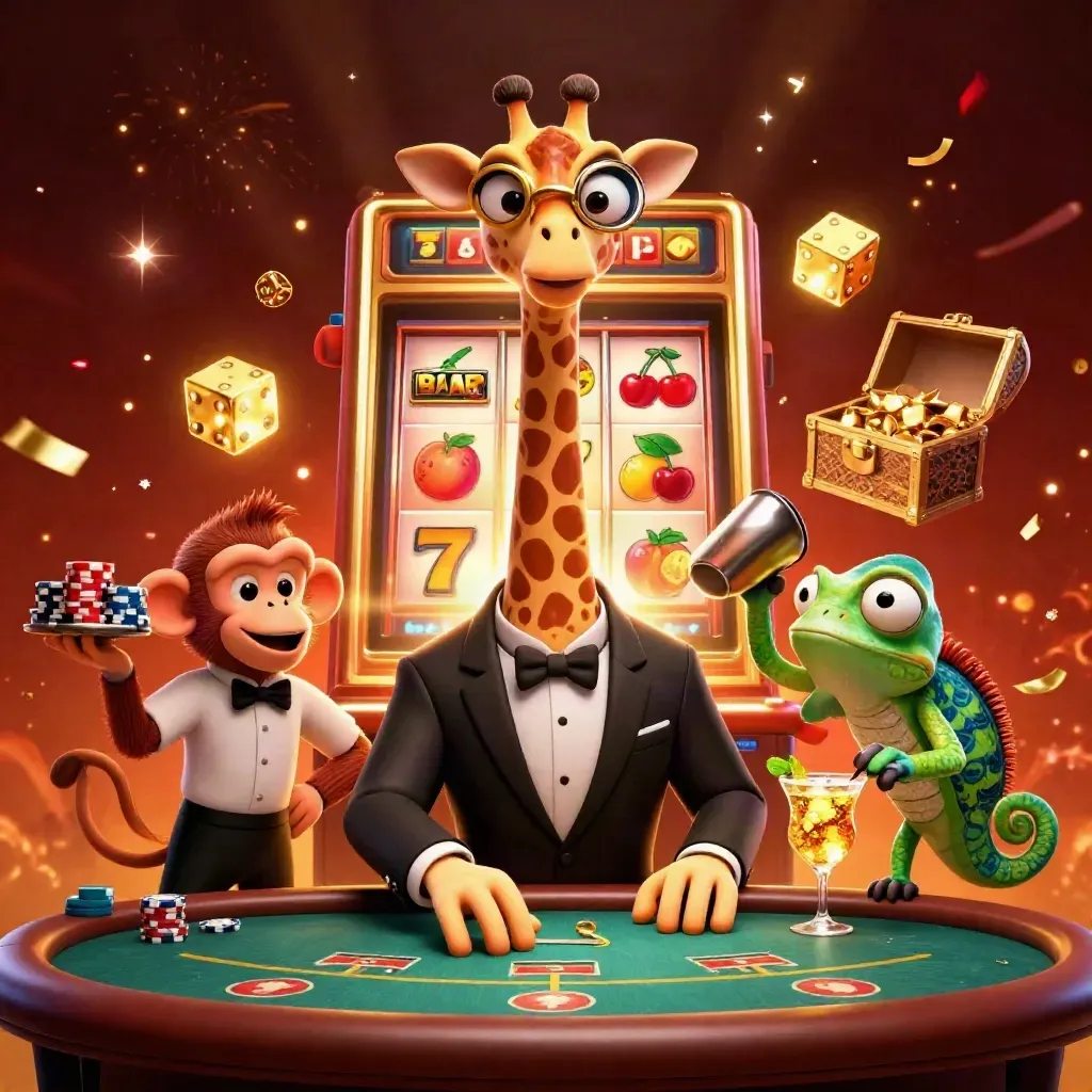 Giraffe, monkey, and chameleon amid jackpots, reels, gold, confetti, and casino firelight.