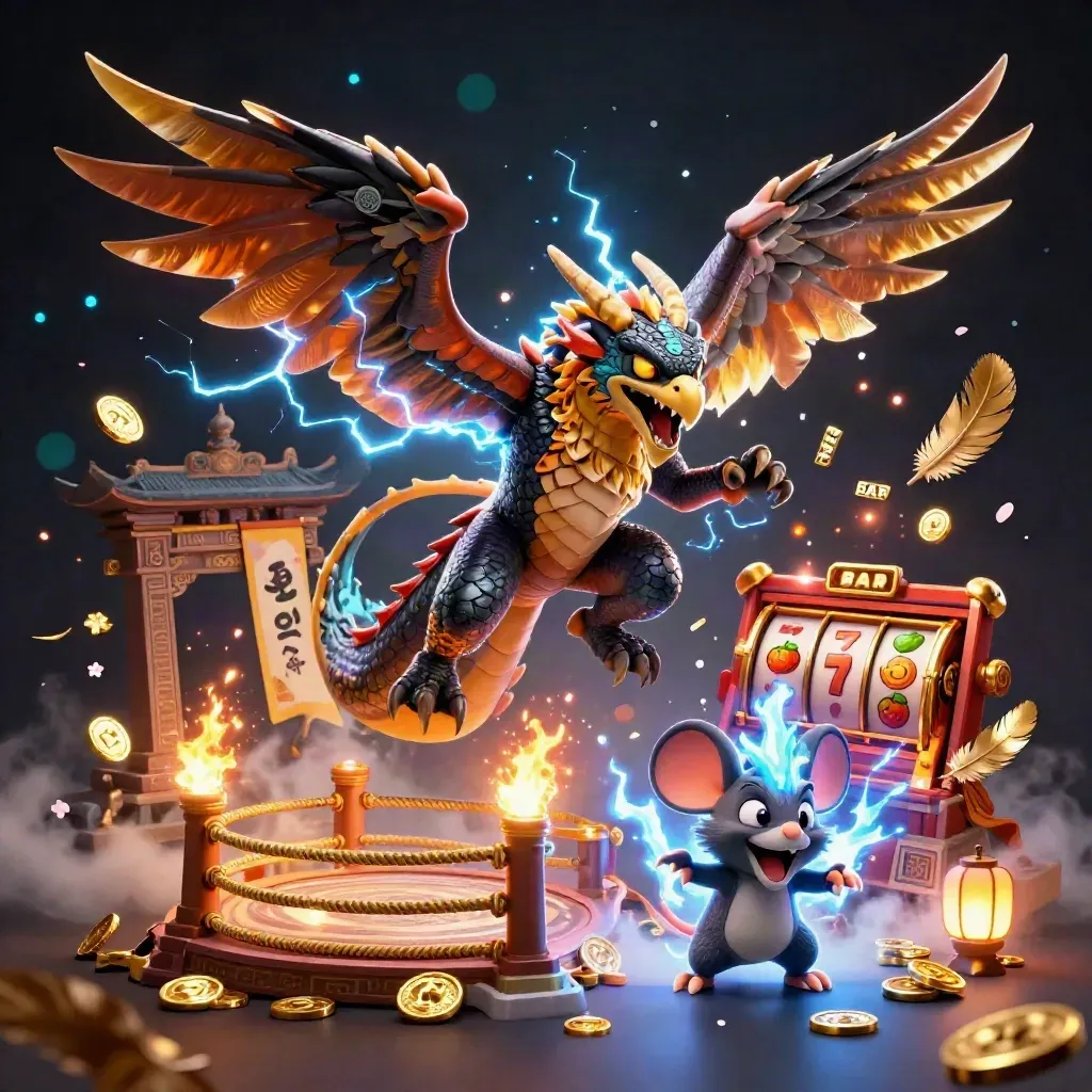 Thunder dragon, wind hawk, and static mouse amid gold coins, reels, and a temple gate.
